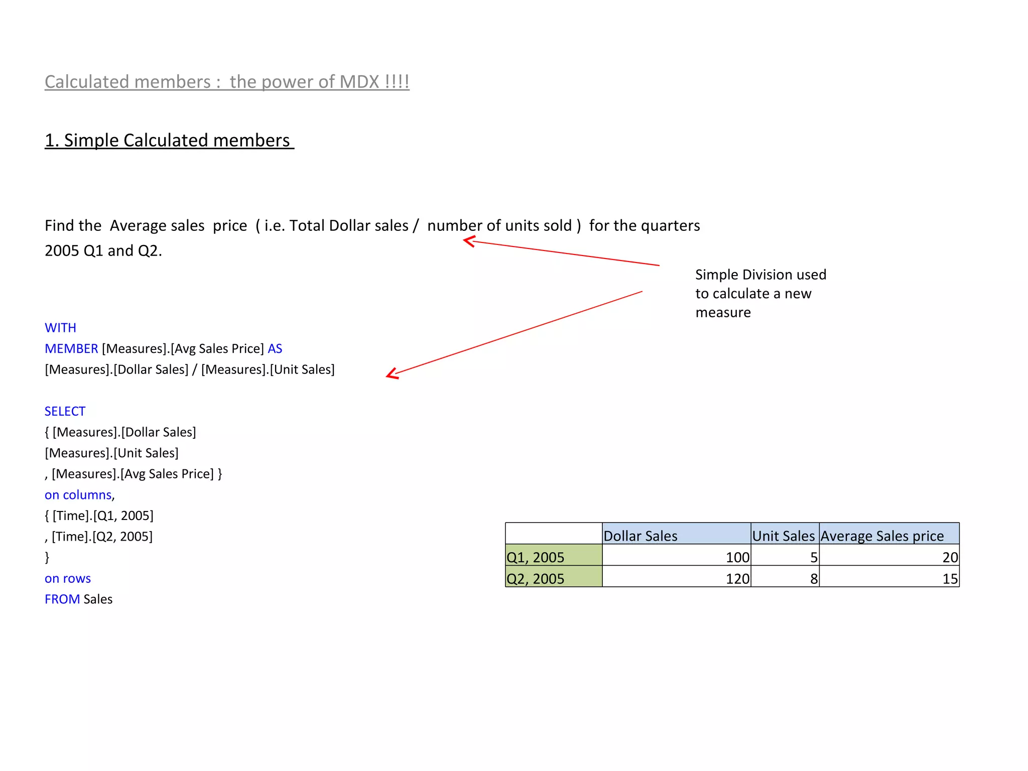 Calculated members :  the power of MDX !!!! 1. Simple Calculated members  Find the  Average sales  price  ( i.e. Total Dollar sales /  number of units sold )  for the quarters  2005 Q1 and Q2. WITH MEMBER  [Measures].[Avg Sales Price]  AS [Measures].[Dollar Sales] / [Measures].[Unit Sales] SELECT { [Measures].[Dollar Sales] [Measures].[Unit Sales] , [Measures].[Avg Sales Price] } on   columns , { [Time].[Q1, 2005] , [Time].[Q2, 2005] } on   rows FROM  Sales Simple Division used to calculate a new measure    Dollar Sales  Unit Sales  Average Sales price Q1, 2005 100 5 20 Q2, 2005 120 8 15 