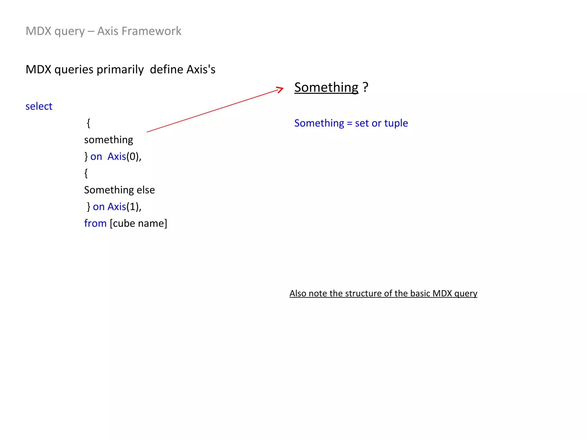 MDX query – Axis Framework MDX queries primarily  define Axis's  select     { something }  on   Axis (0), { Something else   }  on   Axis (1), from  [cube name] Something  ? Something = set or tuple Also note the structure of the basic MDX query 