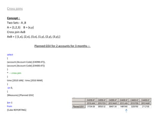 Cross joins Concept :  Two Sets - A ,B A = {1,2,3} B = {x,y} Cross join AxB AxB = { (1,x), (2,x), (3,x), (1,y), (2,y), (3,y),} Planned GSV for 2 accounts for 3 months --  select   { (account.[Account Code].[E4098:47]), (account.[Account Code].[E4400:47]) } *  -- cross join  { time.[2010 JAN] : time.[2010 MAR]  } on  0, { [Measures].[Planned GSV] } on  1 from   [Cube REPORTING] 
