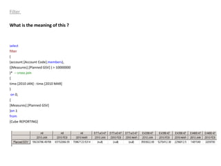 Filter  What is the meaning of this ? select   filter   ( (account.[Account Code]. members ), ([Measures].[Planned GSV] ) > 10000000 )*  -- cross join  { time.[2010 JAN] : time.[2010 MAR]  } on  0, { [Measures].[Planned GSV]  } on  1 from   [Cube REPORTING] 