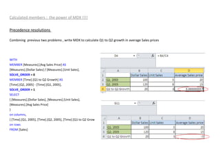 Calculated members :  the power of MDX !!!! Precedence resolutions  Combining  previous two problems , write MDX to calculate Q1 to Q2 growth in average Sales prices WITH MEMBER  [Measures].[Avg Sales Price]  AS [Measures].[Dollar Sales] / [Measures].[Unit Sales], SOLVE_ORDER  = 0 MEMBER  [Time].[Q1 to Q2 Growth]  AS [Time].[Q2, 2005] - [Time].[Q1, 2005], SOLVE_ORDER  = 1 SELECT { [Measures].[Dollar Sales], [Measures].[Unit Sales], [Measures].[Avg Sales Price] } on   columns , { [Time].[Q1, 2005], [Time].[Q2, 2005], [Time].[Q1 to Q2 Growth] } on   rows FROM  [Sales] 