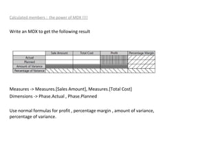Calculated members :  the power of MDX !!!! Write an MDX to get the following result Measures -> Measures.[Sales Amount], Measures.[Total Cost] Dimensions -> Phase.Actual , Phase.Planned Use normal formulas for profit , percentage margin , amount of variance, percentage of variance. 