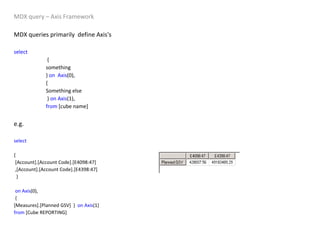 MDX query – Axis Framework MDX queries primarily  define Axis's  select     { something }  on   Axis (0), { Something else   }  on   Axis (1), from  [cube name] e.g.  select   { [Account].[Account Code].[E4098:47] ,[Account].[Account Code].[E4398:47] } on   Axis (0), { [Measures].[Planned GSV]  }  on   Axis (1) from  [Cube REPORTING] 