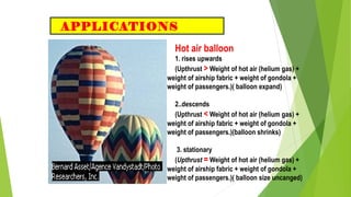 APPLICATIONS
Hot air balloon
1. rises upwards
(Upthrust > Weight of hot air (helium gas) +
weight of airship fabric + weight of gondola +
weight of passengers.)( balloon expand)
2..descends
(Upthrust < Weight of hot air (helium gas) +
weight of airship fabric + weight of gondola +
weight of passengers.)(balloon shrinks)
3. stationary
(Upthrust = Weight of hot air (helium gas) +
weight of airship fabric + weight of gondola +
weight of passengers.)( balloon size uncanged)
 