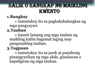 SALIK O SANGKAP NG MAIKLING
KWENTO
1.Banghay
= tumutukoy ito sa pagkakabalangkas ng
mga pangyayari.
2.Tauhan
= kaunti lamang ang mga tauhan ng
maikling katha bagamat laging may
pangunahing tauhan.
3.Tagpuan
= tumutukoy ito sa pook at panahong
pinangyarihan ng mga akda ,ginalawan o
kapaligiran ng mga tauhan.
 