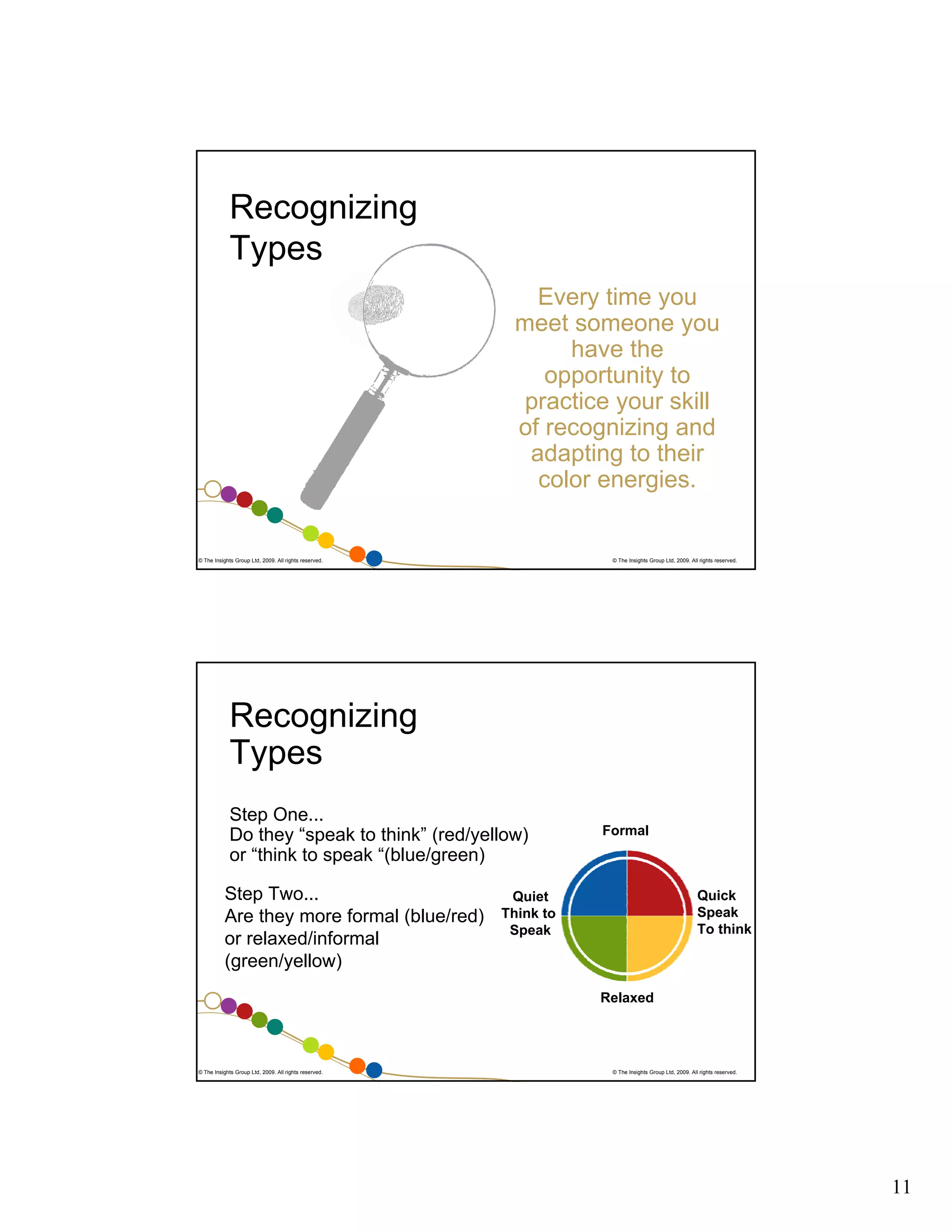Recognizing
Types
Every time you
meet someone you
have the
opportunity to
practice your skill
of recognizing and
adapting to their
color energies.

© The Insights Group Ltd, 2009. All rights reserved.

© The Insights Group Ltd, 2009. All rights reserved.

Recognizing
Types
Step One...
Do they “speak to think” (red/yellow)
or “think to speak “(blue/green)
Step Two...
Are they more formal (blue/red)
or relaxed/informal
(green/yellow)

Formal

Quick
Speak
To think

Quiet
Think to
Speak

Relaxed

© The Insights Group Ltd, 2009. All rights reserved.

© The Insights Group Ltd, 2009. All rights reserved.

11

 