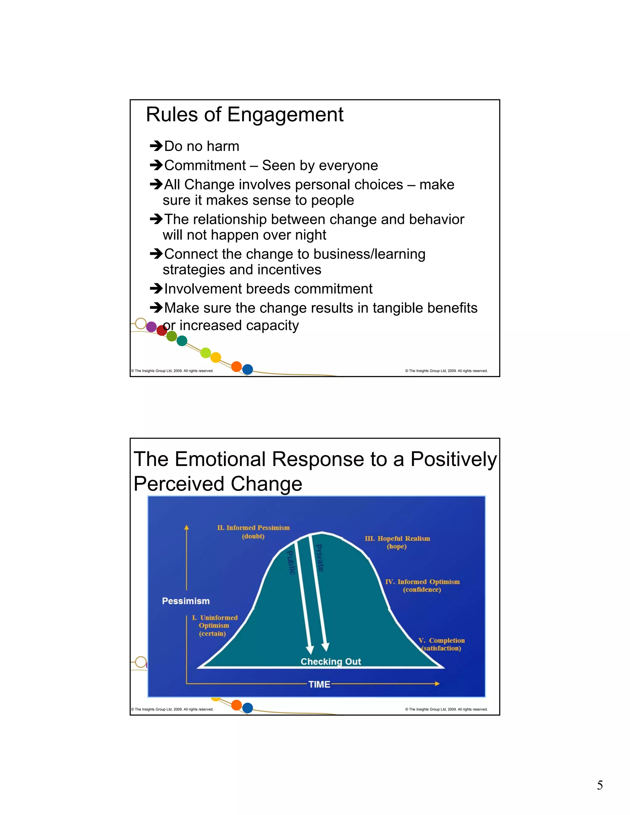 Rules of Engagement
Do no harm
Commitment – Seen by everyone
All Change involves personal choices – make
sure it makes sense to people
The relationship between change and behavior
will not happen over night
Connect the change to business/learning
strategies and incentives
Involvement breeds commitment
Make sure the change results in tangible benefits
or increased capacity

© The Insights Group Ltd, 2009. All rights reserved.

© The Insights Group Ltd, 2009. All rights reserved.

The Emotional Response to a Positively
Perceived Change

© The Insights Group Ltd, 2009. All rights reserved.

© The Insights Group Ltd, 2009. All rights reserved.

5

 