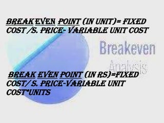 Break Even Point (IN UNIT)= Fixed
Cost /S. Price- Variable Unit Cost

Break Even Point (in Rs)=Fixed
Cost/ S. Price-Variable unit
Cost*Units

 