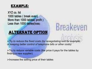 Example:
XYZ co. ltd
1000 tables ( break even)
More than 1000 tables( profit )
Less than 1000 tables(loss )

Alternate option
Try to reduce the fixed costs (by renegotiating rent for example,
or keeping better control of telephone bills or other costs)
Try to reduce variable costs (the price it pays for the tables by
finding a new supplier)
Increase the selling price of their tables

 