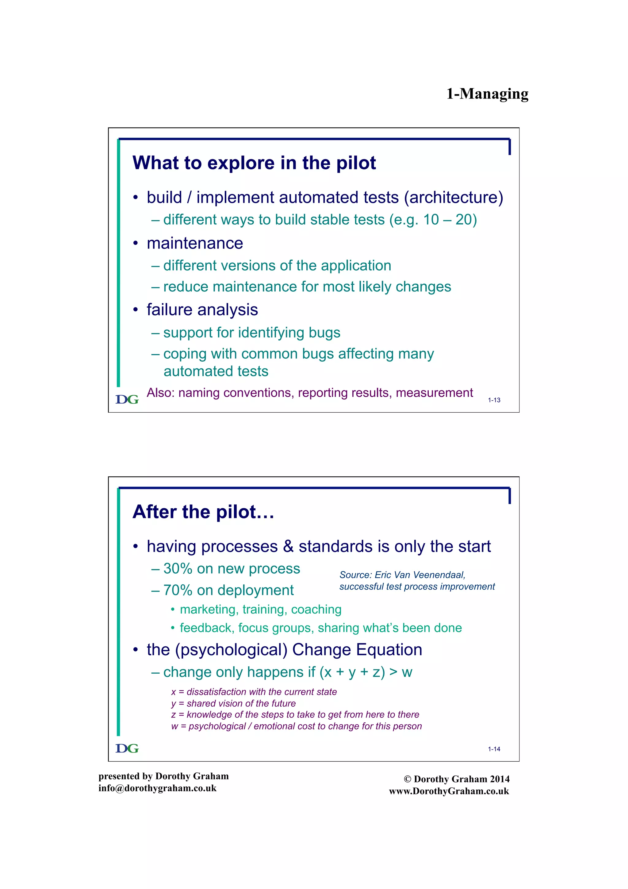1-Managing
presented by Dorothy Graham
info@dorothygraham.co.uk
© Dorothy Graham 2014
www.DorothyGraham.co.uk
1-13
What to explore in the pilot
•  build / implement automated tests (architecture)
– different ways to build stable tests (e.g. 10 – 20)
•  maintenance
– different versions of the application
– reduce maintenance for most likely changes
•  failure analysis
– support for identifying bugs
– coping with common bugs affecting many
automated tests
Also: naming conventions, reporting results, measurement
1-14
After the pilot…
•  having processes & standards is only the start
– 30% on new process
– 70% on deployment
•  marketing, training, coaching
•  feedback, focus groups, sharing what’s been done
•  the (psychological) Change Equation
– change only happens if (x + y + z) > w
x = dissatisfaction with the current state
y = shared vision of the future
z = knowledge of the steps to take to get from here to there
w = psychological / emotional cost to change for this person
Source: Eric Van Veenendaal,
successful test process improvement
 
