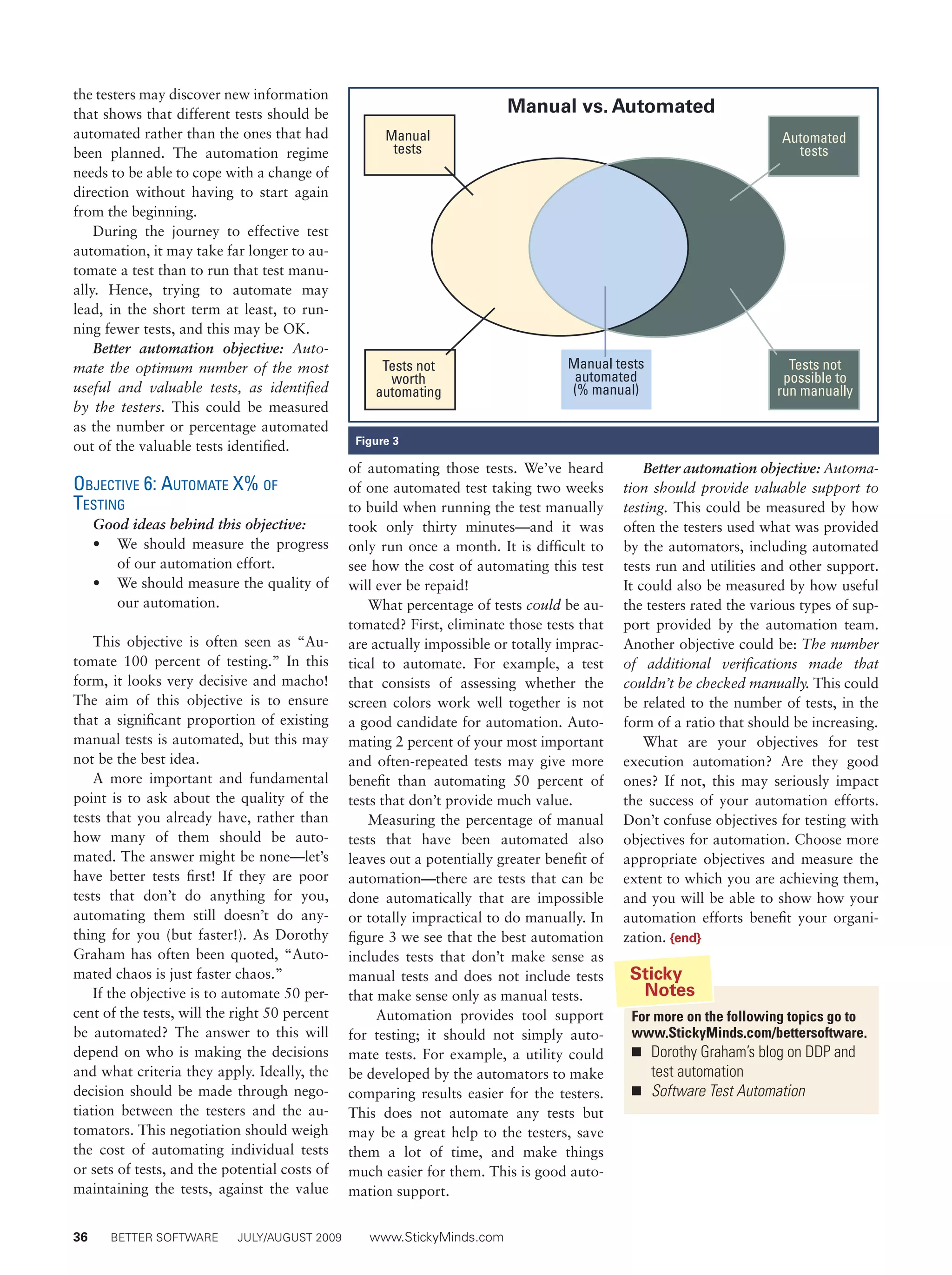 36	 BETTER SOFTWARE	 JULY/AUGUST 2009	 www.StickyMinds.com
the testers may discover new information
that shows that different tests should be
automated rather than the ones that had
been planned. The automation regime
needs to be able to cope with a change of
direction without having to start again
from the beginning.
During the journey to effective test
automation, it may take far longer to au-
tomate a test than to run that test manu-
ally. Hence, trying to automate may
lead, in the short term at least, to run-
ning fewer tests, and this may be OK.
Better automation objective: Auto-
mate the optimum number of the most
useful and valuable tests, as identified
by the testers. This could be measured
as the number or percentage automated
out of the valuable tests identified.
Objective 6: Automate X% of
Testing
Good ideas behind this objective:
•	 We should measure the progress
of our automation effort.
•	 We should measure the quality of
our automation.
This objective is often seen as “Au-
tomate 100 percent of testing.” In this
form, it looks very decisive and macho!
The aim of this objective is to ensure
that a significant proportion of existing
manual tests is automated, but this may
not be the best idea.
A more important and fundamental
point is to ask about the quality of the
tests that you already have, rather than
how many of them should be auto-
mated. The answer might be none—let’s
have better tests first! If they are poor
tests that don’t do anything for you,
automating them still doesn’t do any-
thing for you (but faster!). As Dorothy
Graham has often been quoted, “Auto-
mated chaos is just faster chaos.”
If the objective is to automate 50 per-
cent of the tests, will the right 50 percent
be automated? The answer to this will
depend on who is making the decisions
and what criteria they apply. Ideally, the
decision should be made through nego-
tiation between the testers and the au-
tomators. This negotiation should weigh
the cost of automating individual tests
or sets of tests, and the potential costs of
maintaining the tests, against the value
of automating those tests. We’ve heard
of one automated test taking two weeks
to build when running the test manually
took only thirty minutes—and it was
only run once a month. It is difficult to
see how the cost of automating this test
will ever be repaid!
What percentage of tests could be au-
tomated? First, eliminate those tests that
are actually impossible or totally imprac-
tical to automate. For example, a test
that consists of assessing whether the
screen colors work well together is not
a good candidate for automation. Auto-
mating 2 percent of your most important
and often-repeated tests may give more
benefit than automating 50 percent of
tests that don’t provide much value.
Measuring the percentage of manual
tests that have been automated also
leaves out a potentially greater benefit of
automation—there are tests that can be
done automatically that are impossible
or totally impractical to do manually. In
figure 3 we see that the best automation
includes tests that don’t make sense as
manual tests and does not include tests
that make sense only as manual tests.
Automation provides tool support
for testing; it should not simply auto-
mate tests. For example, a utility could
be developed by the automators to make
comparing results easier for the testers.
This does not automate any tests but
may be a great help to the testers, save
them a lot of time, and make things
much easier for them. This is good auto-
mation support.
For more on the following topics go to
www.StickyMinds.com/bettersoftware.
n	 Dorothy Graham’s blog on DDP and
test automation
n	 Software Test Automation
Sticky
	 Notes
Better automation objective: Automa-
tion should provide valuable support to
testing. This could be measured by how
often the testers used what was provided
by the automators, including automated
tests run and utilities and other support.
It could also be measured by how useful
the testers rated the various types of sup-
port provided by the automation team.
Another objective could be: The number
of additional verifications made that
couldn’t be checked manually. This could
be related to the number of tests, in the
form of a ratio that should be increasing.
What are your objectives for test
execution automation? Are they good
ones? If not, this may seriously impact
the success of your automation efforts.
Don’t confuse objectives for testing with
objectives for automation. Choose more
appropriate objectives and measure the
extent to which you are achieving them,
and you will be able to show how your
automation efforts benefit your organi-
zation. {end}
Figure 3
 