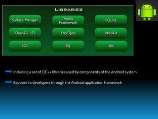 Exposed to developers through the Android application framework
Including a set of C/C++ libraries used by components of the Android system
 