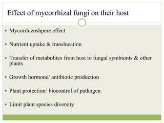 Effect of mycorrhizal fungi on their host
 Mycorrhizoshpere effect
 Nutrient uptake & translocation
 Transfer of metabolites from host to fungal symbionts & other
plants
 Growth hormone/ antibiotic production
 Plant protection/ biocontrol of pathogen
 Limit plant species diversity
 