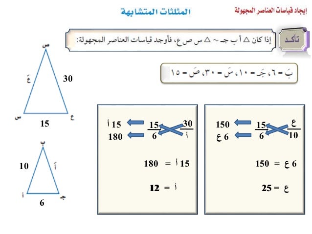 ع 1.50 = 2.65 0.750.75 ع 3.975 0.75 ع = 3.975 ع = 5.3 2.65 0.75 1.50 س الشجرة ارتفاع = 5.3 م 5.3 