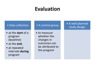 Evaluation
• Data collection
• at the start of a
program
(baseline)
• at the end,
• at repeated
intervals during
program
• A control group
• to measure
whether the
changes in
outcomes can
be attributed to
the program
• A well-planned
study design
 