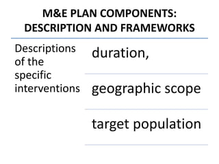 M&E PLAN COMPONENTS:
DESCRIPTION AND FRAMEWORKS
Descriptions
of the
specific
interventions
duration,
geographic scope
target population
 