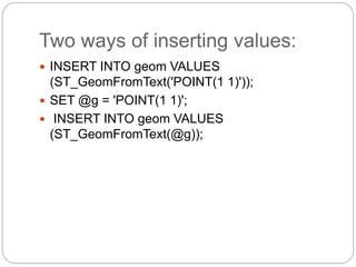 Two ways of inserting values:
 INSERT INTO geom VALUES
(ST_GeomFromText('POINT(1 1)'));
 SET @g = 'POINT(1 1)';
 INSERT INTO geom VALUES
(ST_GeomFromText(@g));
 