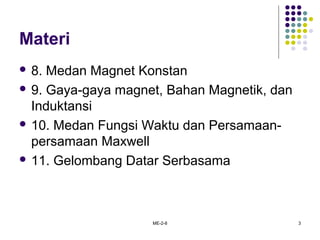 ME-2-8 3
Materi
 8. Medan Magnet Konstan
 9. Gaya-gaya magnet, Bahan Magnetik, dan
Induktansi
 10. Medan Fungsi Waktu dan Persamaan-
persamaan Maxwell
 11. Gelombang Datar Serbasama
 