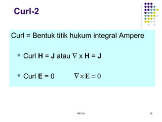 ME-2-8 39
Curl = Bentuk titik hukum integral Ampere
 Curl H = J atau ∇ x H = J
 Curl E = 0 0=×∇ E
Curl-2
 
