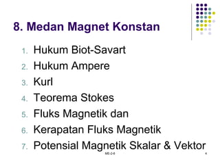 ME-2-8 4
8. Medan Magnet Konstan
1. Hukum Biot-Savart
2. Hukum Ampere
3. Kurl
4. Teorema Stokes
5. Fluks Magnetik dan
6. Kerapatan Fluks Magnetik
7. Potensial Magnetik Skalar & Vektor
 