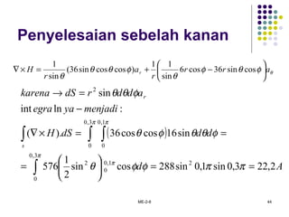 ME-2-8 44
Penyelesaian sebelah kanan
θφθφ
θ
φθθ
θ
arr
r
a
r
H r 





−+=×∇ cossin36cos6
sin
11
)coscossin36(
sin
1
( )
Ad
dddSH
menjadiyaegra
addrdSkarena
s
r
2,223,0sin1,0sin288cossin
2
1
576
sin16coscos36).(
:lnint
sin
21,0
0
3,0
0
2
3,0
0
1,0
0
2
==





=
==×∇
−
=→
∫
∫ ∫ ∫
ππφφθ
φθθφθ
φθθ
π
π
π π
 