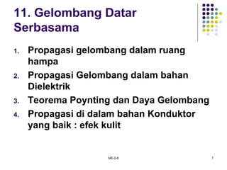 ME-2-8 7
11. Gelombang Datar
Serbasama
1. Propagasi gelombang dalam ruang
hampa
2. Propagasi Gelombang dalam bahan
Dielektrik
3. Teorema Poynting dan Daya Gelombang
4. Propagasi di dalam bahan Konduktor
yang baik : efek kulit
 