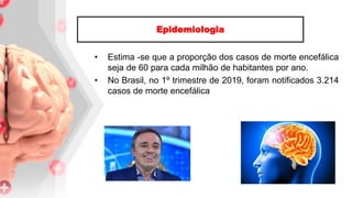 Epidemiologia
• Estima -se que a proporção dos casos de morte encefálica
seja de 60 para cada milhão de habitantes por ano.
• No Brasil, no 1º trimestre de 2019, foram notificados 3.214
casos de morte encefálica
 