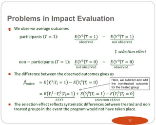 Problems in Impact Evaluation

77
Here, we subtract and add
the non-treated outcome
for the treated group
 