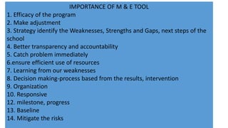 IMPORTANCE OF M & E TOOL
1. Efficacy of the program
2. Make adjustment
3. Strategy identify the Weaknesses, Strengths and Gaps, next steps of the
school
4. Better transparency and accountability
5. Catch problem immediately
6.ensure efficient use of resources
7. Learning from our weaknesses
8. Decision making-process based from the results, intervention
9. Organization
10. Responsive
12. milestone, progress
13. Baseline
14. Mitigate the risks
 