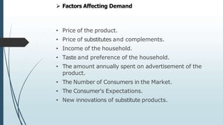  Factors Affecting Demand
• Price of the product.
• Price of substitutes and complements.
• Income of the household.
• Taste and preference of the household.
• The amount annually spent on advertisement of the
product.
• The Number of Consumers in the Market.
• The Consumer's Expectations.
• New innovations of substitute products.
 