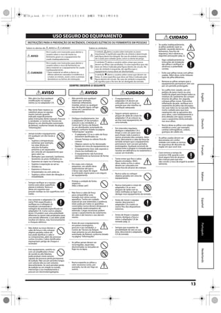 13
EspañolPortuguêsNederlandsItalianoFrançaisDeutschEnglish
002c
• Não abra (ou faça qualquer
modificação) no equipa-
mento ou no adaptador CA.
......................................................................................
003
• Não tente fazer reparos ou
substituir peças no equipa-
mento (exceto quando
indicado especificamente
pelas instruções deste manual). Procure
o vendedor, o Centro de Técnico da
Roland ou um distribuidor autorizado
da Roland, conforme listado da página
“Informações”.
......................................................................................
004
• Jamais instale o equipamento
em qualquer um dos locais a
seguir.
• Sujeitos a temperaturas
extremas (por exemplo,
luz solar direta em
veículos fechados,
próximo a um aquecedor,
em cima de um equipamento que
gera calor) ou
• Molhados (por exemplo, banheiros,
lavatórios ou pisos molhados) ou
• Expostos ao vapor ou à fumaça ou
• Sujeitos à exposição ao sal ou
• Úmidos ou
• Expostos à chuva ou
• Empoeirados ou com areia ou
• Sujeitos a altos níveis de vibração e
instabilidade.
......................................................................................
007
• Sempre verifique se o equipa-
mento está sobre superfícies
planas e estáveis. Nunca o
deixe em suportes que
possam tombar ou em superfícies incli-
nadas.
......................................................................................
008b
• Use somente o adaptador CA
(série PSA) especificado e
verifique se a voltagem da
instalação corresponde à
voltagem de entrada especificada no
adaptador CA. Como outros adapta-
dores CA podem usar uma polaridade
diferente ou terem sido projetados para
uma tensão diferente, o uso deles pode
resultar em danos, mau funcionamento
e choques elétricos.
......................................................................................
009
• Não dobre ou torça demais o
cabo de força e não coloque
objetos pesados sobre ele.
Isso pode danificar o cabo e
os componentes, além de provocar
curtos-circuitos. Cabos danificados
representam perigo de choque e
incêndio!
......................................................................................
010
• Este equipamento, sozinho ou
com um amplificador e fones
de ouvido ou alto-falantes,
pode produzir níveis sonoros
capazes de provocar perda permanente
da audição. Não use por períodos longos
com volume alto ou com volumes
desconfortáveis. Se você perceber perda
de audição ou um chiado no ouvido,
interrompa o uso imediatamente e
procure um otorrinolaringologista.
......................................................................................
011
• Não permita que qualquer
objeto (por exemplo,
materiais inflamáveis,
moedas, pinos) ou qualquer
tipo de líquido (água, refrige-
rantes etc.) penetrem no
equipamento.
.....................................................................................
012c
• Desligue imediatamente, tire
o adaptador CA da tomada e
procure o seu vendedor, o
Centro de Técnico da Roland
ou um distribuidor autorizado da
Roland, conforme listado na página
“Informações” quando:
• O adaptador CA ou o cabo de força
estiverem danificados ou
• Houver fumaça ou odores fora do
comum
• Objetos caírem ou for derramado
líquido em cima do equipamento ou
• O equipamento tiver sido exposto à
chuva (ou molhado) ou
• O equipamento não funcionar
normalmente ou funcionar de forma
diferente.
.....................................................................................
013
• Em casas com crianças
pequenas, um adulto deve
supervisionar até que a
criança seja capaz de seguir
as principais regras para o uso seguro
do equipamento.
.....................................................................................
014
• Proteja a unidade de fortes
impactos.
(Não a deixe cair!)
.....................................................................................
015
• Não force o cabo de força
para compartilhar uma
tomada com vários outros
aparelhos. Tenha um cuidado
especial ao usar extensões; a potência
total usada por todos os aparelhos
conectados nunca deverá ultrapassar a
capacidade (watts/ampéres) da
extensão. Cargas excessivas podem
causar o aquecimento do isolamento
do cabo e até mesmo o seu derreti-
mento.
.....................................................................................
016
• Antes de usar o equipamento
em países estrangeiros,
procure o seu vendedor, o
Centro de Técnico da Roland
mais próximo ou um distribuidor
autorizado da Roland, conforme listado
na página “Informações”.
.....................................................................................
019
• As pilhas jamais devem ser
recarregadas, aquecidas,
desmontadas ou lançadas ao
fogo ou na água.
.....................................................................................
027
• Nunca exponha as pilhas a
calor excessivo como, por
exemplo, luz do sol, fogo ou
outros.
.....................................................................................
101b
• O equipamento e o
adaptador CA devem ser
colocados em um local ou
posição que não interfira na
ventilação adequada.
......................................................................................
102d
• Segure sempre apenas o
plugue de saída do corpo do
adaptador CA ao colocar ou
ao tirar esse equipamento de
uma tomada.
......................................................................................
103b
• Em intervalos regulares,
desligue o adaptador CA e
limpe-o com um pano seco
para limpar toda a poeira e
outros acúmulos dos contatos. Além
disso, desconecte o cabo de força da
tomada sempre que o equipamento
permanecer sem uso por períodos
prolongados. Qualquer acúmulo de
poeira entre o plugue e a tomada pode
resultar em deficiência no isolamento e
causar um incêndio.
......................................................................................
104
• Tente evitar que fios e cabos
fiquem enrolados. Além
disso, todos os fios e cabos
devem ser colocados em
locais fora do alcance de crianças.
......................................................................................
106
• Nunca suba ou coloque
objetos pesados em cima do
equipamento.
......................................................................................
107d
• Nunca manuseie o corpo do
adaptador CA ou seus
plugues de saída com as
mãos molhadas ao ligar e ao
desligar esse equipamento da tomada.
......................................................................................
108b
• Antes de mover o equipa-
mento, desconecte o
adaptador CA e todos os
outros fios dos dispositivos
externos.
......................................................................................
109b
• Antes de limpar o equipa-
mento, desligue a força e
retire o adaptador CA da
tomada (pág. 2).
......................................................................................
110b
• Sempre que suspeitar da
possibilidade de raio na sua
área, desconecte o adaptador
CA da tomada.
......................................................................................
111: Seleção
• Se usadas inadequadamente,
as pilhas poderão vazar ou
explodir, causando danos ou
ferimentos. Para fins de
segurança, leia e observe as
seguintes precauções (pág. 2).
1
• Siga cuidadosamente as
instruções de instalação
das pilhas e verifique se
observou a polaridade
correta.
2
• Evite usar pilhas novas com pilhas
usadas. Além disso, evite misturar
tipos de pilha diferentes.
3
• Remova as pilhas sempre que o
equipamento permanecer sem uso
por um período prolongado.
5
• Se a pilha tiver vazado, use um
pedaço de pano macio ou uma
toalha de papel para limpar todos os
resíduos do vazamento do compar-
timento de pilhas. Em seguida,
coloque pilhas novas. Para evitar
inflamação da pele, verifique se o
vazamento da pilha não encostou
nas suas mãos ou na sua pele. Tenha
muito cuidado para que esse
vazamento não se aproxime dos
seus olhos. Lave imediatamente a
área afetada com água corrente,
caso o vazamento tenha entrado
nos seus olhos.
6
• Nunca deixe as pilhas com objetos
metálicos como, por exemplo,
canetas esferográficas, colares,
grampos de cabelo etc.
......................................................................................
112
• As pilhas usadas devem ser
descartadas em confor-
midade com todas as normas
de segurança de descarte da
região em que você vive.
......................................................................................
118a
• Caso remova a tampa do
conector USB, guarde-a em
local seguro fora do alcance
das crianças para que elas
não corram o risco de engoli-la aciden-
talmente.
......................................................................................
AVISO AVISO CUIDADO
CUIDADO
Ele é usado com instruções para alertar o
usuário sobre o risco de ferimento ou
dano material se o equipamento for usado
inadequadamente.
* Dano material se refere a danos ou
efeitos adversos causados à residência e
a todos os móveis, assim como a animais
domésticos ou bichos de estimação.
Ele é usado com instruções para alertar o
usuário sobre o risco de morte ou
ferimento grave se o equipamento for
usado inadequadamente.
O símbolo alerta o usuário sobre coisas que devem ser
feitas. A coisa específica que deve ser feita é indicada pela
figura dentro do círculo. No caso do símbolo à esquerda,
ele significa que o fio tem de ser desligado da tomada.
Sobre os alertas de AVISO e CUIDADO Sobre os símbolos
O símbolo alerta o usuário sobre instruções ou avisos
importantes. O significado específico do símbolo é determinado
pela figura dentro do triângulo. No caso do símbolo à esquerda,
ele é usado para cuidados gerais, avisos ou alertas de perigo.
O símbolo alerta o usuário sobre coisas que nunca
devem ser feitas (são proibidas). A coisa específica que não
deve ser feita é indicada pela figura dentro do círculo. No
caso do símbolo à esquerda, ele significa que o
equipamento nunca deve ser desmontado.
INSTRUÇÕES PARA A PREVENÇÃO DE INCÊNDIOS, CHOQUES ELÉTRICOS OU FERIMENTOS EM PESSOAS
USO SEGURO DO EQUIPAMENTO
AVISO
CUIDADO
SEMPRE OBSERVE O SEGUINTE
USO SEGURO DO
ME-25_p.book 13 ページ ２００９年１２月１８日　金曜日　午後１１時３８分
 