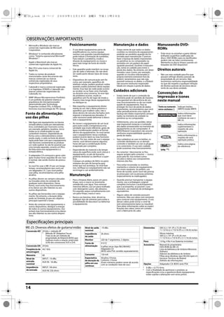 14
204
* Microsoft e Windows são marcas
comerciais registradas da Microsoft
Corporation.
206j
* Windows® é conhecido oficialmente
como: “Sistema operacional Microsoft®
Windows®.”
207
* Apple e Macintosh são marcas
comerciais registradas da Apple Inc.
209
* Mac OS é uma marca comercial da
Apple Inc.
220
* Todos os nomes de produto
mencionados neste documento são
marcas comerciais ou marcas
comerciais registradas de seus
respectivos proprietários.
* Cakewalk é marca comercial registrada
e os logotipos SONAR e Cakewalk são
marcas comerciais registradas da
Cakewalk, Inc.
* MMP (Moore Microprocessor Portfolio)
é um potfolio de patente relativo à
arquitetura do microprocessador
desenvolvido pela Technology
Properties Limited (TPL). A Roland
licenciou essa tecnologia do TPL Group.
Fonte de alimentação:
uso das pilhas
301
• Não ligue este equipamento na mesma
tomada elétrica usada por eletrodomés-
ticos controlados por inversores (como,
por exemplo, geladeira, lavadora, micro-
ondas ou ar condicionado) ou que
contenham motores. Dependendo da
forma como o eletrodoméstico estiver
sendo usado, o ruído na fonte de alimen-
tação pode fazer com que o equipamento
não funcione corretamente ou produza
um ruído audível. Se não for possível usar
uma tomada separada, conecte um filtro
de linha entre este equipamento e a
tomada elétrica.
302
• O adaptador CA começará a gerar calor
após muitas horas seguidas de uso. Isso
é normal, não sendo motivo de preocu-
pação.
303a
• Se você for usar o ME-25 por um longo
tempo, recomendamos que você use
um adaptador CA. Caso você prefira
usar pilha, recomendamos uma pilha
alcalina.
304b
• As pilhas devem ser sempre colocadas
ou trocadas antes da conexão de
qualquer outro dispositivo. Dessa
forma, você evita mau funcionamento
e/ou danos aos alto-falantes ou aos
outros dispositivos.
306b
• As pilhas são fornecidas com o equipa-
mento. No entanto, a duração delas
pode ser limitada, já que seu objetivo
principal é permitir o teste.
307
• Antes de conectar este equipamento a
outros dispositivos, desligue a energia
de todos os outros equipamentos. Isso
evitará mau funcionamento e/ou danos
aos alto-falantes ou aos outros disposi-
tivos.
Posicionamento
351
• O uso deste equipamento perto de
amplificadores (ou outros equipa-
mentos com grandes transformadores)
pode induzir a formação de zumbidos.
Para reduzir o problema, mude a
direção do equipamento ou mova-o
para mais longe da fonte de interfe-
rência.
352a
• Este aparelho pode interferir na recep-
ção de rádio e televisão. Ele não deve
ser usado perto desses tipos de recep-
tores.
352b
• Dispositivos de comunicação sem fio
como, por exemplo, aparelhos de
telefone celular, podem produzir ruídos
quando usados próximos desse equipa-
mento. Esse tipo de ruído pode ocorrer
ao receber ou ao fazer uma chamada,
ou durante uma conversa. Se esse tipo
de problema ocorrer, mude os
aparelhos sem fio de lugar de modo a
ficarem mais longe desse equipamento
ou desligue-os.
354a
• Não exponha o equipamento direta-
mente ao sol, não o deixe próximo a
aparelhos que irradiem calor, não o
deixe dentro de veículos fechados nem
exposto a temperaturas elevadas. O
calor excessivo pode deformar e desco-
lorir o equipamento.
355b
• Ao mover o equipamento de um local
para outro onde a temperatura e/ou
umidade seja muito diferente, gotas de
água (condensação) podem se formar
dentro do equipamento. Se você tentar
usar o equipamento nessa condição,
poderá ocorrer dano ou mau funciona-
mento. Por isso, antes de usar o equipa-
mento, você deverá esperar algumas
horas até que a condensação tenha
evaporado por completo.
360
• Dependendo do material e da tempe-
ratura da superfície onde você colocar o
equipamento, os pés de borracha
poderão desbotar ou danificar a super-
fície.
Coloque um pedaço de feltro ou pano
embaixo dos pés de borracha para
evitar que isso aconteça. Se você fizer
isso, verifique se o equipamento não vai
escorregar e cair acidentalmente.
Manutenção
401a
• Para a limpeza diária, passe um pano
limpo, seco e macio ou levemente
umedecido com água. Para remover
manchas difíceis, use um pano molhado
com detergente suave, não abrasivo.
Em seguida, seque completamente com
um pano limpo, macio e seco.
402
• Nunca use benzina, tíner, álcool ou
qualquer tipo de solvente para evitar a
possibilidade de descolorir ou deformar
o equipamento.
Manutenção e dados
452
• Esteja ciente de que todos os dados
contidos na memória do equipamento
poderão ser perdidos quando ele for
enviado para manutenção. É preciso
fazer o backup de dados importantes
no pendrive ou no computador ou
anotados em um pedaço de papel
(quando possível). Durante a manuten-
ção, toma-se cuidado para evitar a
perda dos dados. No entanto, em deter-
minados casos (como, por exemplo,
quando os circuitos relacionados à
própria memória estiverem fora da
ordem), lamentamos que não seja
possível restaurar os dados, e a Roland
não assume nenhuma responsabi-
lidade em relação à perda de dados.
Cuidados adicionais
551
• Esteja ciente de que o conteúdo da
memória pode ser perdido de maneira
irrecuperável em decorrência de um
mau funcionamento ou do uso inade-
quado do equipamento. Para se
proteger do risco de perda de dados
importantes, recomendamos que você
salve periodicamente uma cópia de
backup dos dados importantes armaze-
nados na memória da unidade no
pendrive ou no computador.
552
• Infelizmente, uma vez perdido, talvez
seja impossível restaurar o conteúdo
dos dados armazenados na memória do
equipamento ou do computador. A
BOSS/Roland Corporation não assume
nenhuma responsabilidade quanto à
perda de dados.
553
• Seja cuidadoso ao usar os botões, os
controles deslizantes ou os demais
controles e também ao usar os plugues
e os conectores. O uso sem cuidado
pode ocasionar mau funcionamento.
556
• Ao conectar / desconectar os fios,
segure sempre pelo conector — nunca
puxe pelo fio. Isso evitará curtos
circuitos e danos aos componentes
internos dos fios.
558a
• Para evitar incomodar os vizinhos,
mantenha o volume do equipamento
em níveis razoáveis. Se preferir, use
fones de ouvido, assim você não precisa
se preocupar com as pessoas próximas
(especialmente às madrugadas).
559a
• Quando precisar transportar o equipa-
mento, use a embalagem original
completa (inclusive o acolchoamento)
que a acompanha, se possível. Caso
contrário, use materiais de embalagem
equivalentes.
562
• Alguns cabos de conexão possuem
resistores. Não use cabos com resistores
para conectar este equipamento. O uso
desses cabos pode tornar o nível de
som extremamente baixo ou inaudível.
Para obter informações sobre as especi-
ficações dos cabos, entre em contato
com o fabricante do cabo.
Manuseando DVD-
ROMs
801
• Evite tocar ou arranhar a parte inferior
brilhante (superfície codificada) do
disco. DVD-ROMs sujos ou danificados
podem não ser lidos corretamente.
Mantenha os discos limpos usando um
limpador de DVD disponível.
Direitos autorais
853
• Não use esta unidade para fins que
possam infringir direitos autorais de
propriedade de um terceiro. Não
assumimos nenhuma responsabilidade
no que diz respeito a qualquer infração
de direitos autorais de terceiros decor-
rente do uso desta unidade.
Convenções de
impressão e ícones
neste manual
OBSERVAÇÕES IMPORTANTES
Texto ou numerais
entre colchetes [ ]
Indicam botões.
[WRITE] botão WRITE
Indica informações
que você deve
conhecer ao usar o
ME-25.
Indica informações
suplementares a
respeito de uma
operação.
Indica informações a
respeito de uma
operação prática.
(pág. **)
Indica uma página
de referência.
OBSERVAÇÃO
DICA
Ref.
ME-25: Diversos efeitos de guitarra/violão
* 0 dBu = 0,775 Vrms
* Com a finalidade de aprimorar o produto, as
especificações e/ou a aparência deste equipamento
estão sujeitas a alterações sem aviso prévio.
Especificações principais
Conversão AD 24 bits + método AF
* Método AF (Adaptive Focus)
Trata-se de um método de
propriedade da Roland & BOSS que
melhora muito a relação sinal/ruído
(S/N) dos conversores A/D e D/A.
Conversão DA 24 bits
Freqüência de
amostragem
44,1 kHz
Memória 60
Nível de
entrada
nominal
INPUT: -10 dBu
AUX IN: -18 dBu
Impedância
de entrada
INPUT: 1M ohm
AUX IN: 22k ohms
Nível de saída
nominal
-10 dBu
Impedância
de saída
2k ohms
Monitor LED de 7 segmentos, 2 dígitos
Fonte de
alimentação
9 V CC
6 pilhas secas (tipo R6/LR6(AA))
Adaptador CA
(BOSS série PSA: vendido separadamente)
Consumo 150 mA
Expectativa
de duração da
pilha em uso
contínuo
Alcalina: 9 horas
Carbono: 3 horas
(Esses números podem variar de acordo
com as condições reais de uso.)
Dimensões 300 (L) x 191 (P) x 72 (A) mm
11-13/16 (L) x 7-9/16 (P) x 2-7/8 (A) inches
Altura máxima:
300 (L) x 191 (P) x 93 (A) mm
11-13/16 (L) x 7-9/16 (P) x 3-11/16 (A) inches
Peso 1,9 kg, 4 lbs 4 oz (baterias incluídas)
Acessórios Manual do proprietário
DVD-ROM do ME-25
Lista da biblioteca de timbres/Memória
(folheto)
Adesivo da biblioteca de timbres
Pilhas secas (Alcalinas: tipo LR6 (AA) type) x 6
Serviços Técnicos da Roland
(folheto de informações)
Opções Adaptador CA: BOSS série PSA
ME-25_p.book 14 ページ ２００９年１２月１８日　金曜日　午後１１時３８分
 