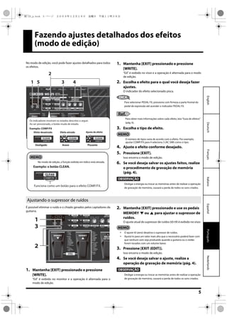 5
EspañolPortuguêsNederlandsItalianoFrançaisDeutschEnglish
Fazendo ajustes detalhados dos efeitos
(modo de edição)
No modo de edição, você pode fazer ajustes detalhados para todos
os efeitos.
1. Mantenha [EXIT] pressionado e pressione
[WRITE].
“Ed” é exibido no visor e a operação é alternada para o modo
de edição.
2. Escolha o efeito para o qual você deseja fazer
ajustes.
O indicador do efeito selecionado pisca.
DICA
Para selecionar PEDAL FX, pressione com firmeza a parte frontal do
pedal de expressão até acender o indicador PEDAL FX.
Ref.
Para obter mais informações sobre cada efeito, leia “Guia de efeitos”
(pág. 6).
3. Escolha o tipo de efeito.
O número de tipos varia de acordo com o efeito. Por exemplo,
ajustar COMP/FX para 4 seleciona 3 (AC SIM) como o tipo.
4. Ajuste o efeito conforme desejado.
5. Pressione [EXIT].
Isso encerra o modo de edição.
6. Se você deseja salvar os ajustes feitos, realize
o procedimento de gravação de memória
(pág. 4).
OBSERVAÇÃO
Desligar a energia ou trocar as memórias antes de realizar a operação
de gravação de memória, causará a perda de todos os sons criados.
3
2
451
Efeito desativado Efeito ativado
Os indicadores mostram os estados descritos a seguir.
Ao ser pressionado, o botão muda de estado.
Exemplo: COMP/FX
Ajuste de efeito
AcesoDesligado Piscante
No modo de edição, a função exibida em itálico está ativada.
Exemplo: o botão CLEAN.
Funciona como um botão para o efeito COMP/FX.
É possível eliminar o ruído e o chiado gerados pelos captadores da
guitarra.
1. Mantenha [EXIT] pressionado e pressione
[WRITE].
“Ed” é exibido no monitor e a operação é alternada para o
modo de edição.
2. Mantenha [EXIT] pressionado e use os pedais
MEMORY ou para ajustar o supressor de
ruídos.
O ajuste atual do supressor de ruídos (t0-t9) é exibido no visor.
 O ajuste t0 (zero) desativa o supressor de ruídos.
 Ajustá-lo para um valor mais alto que o necessário poderá fazer com
que nenhum som seja produzido quando a guitarra ou o violão
forem tocados com um volume baixo.
3. Pressione [EXIT (EDIT)].
Isso encerra o modo de edição.
4. Se você deseja salvar o ajuste, realize a
operação de gravação de memória (pág. 4).
OBSERVAÇÃO
Desligar a energia ou trocar as memórias antes de realizar a operação
de gravação de memória, causará a perda de todos os sons criados.
Ajustando o supressor de ruídos
2
3
1
ME-25_p.book 5 ページ ２００９年１２月１８日　金曜日　午後１１時３８分
 