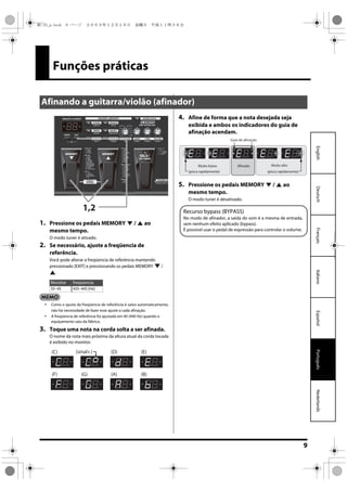 9
EspañolPortuguêsNederlandsItalianoFrançaisDeutschEnglish
Funções práticas
1. Pressione os pedais MEMORY / ao
mesmo tempo.
O modo tuner é ativado.
2. Se necessário, ajuste a freqüencia de
referência.
Você pode alterar a freqüencia de referência mantendo
pressionado [EXIT] e pressionando os pedais MEMORY /
.
 Como o ajuste da freqüencia de referência é salvo automaticamente,
não há necessidade de fazer esse ajuste a cada afinação.
 A freqüencia de referência foi ajustada em 40 (440 Hz) quando o
equipamento saiu da fábrica.
3. Toque uma nota na corda solta a ser afinada.
O nome da nota mais próxima da altura atual da corda tocada
é exibido no monitor.
4. Afine de forma que a nota desejada seja
exibida e ambos os indicadores do guia de
afinação acendam.
5. Pressione os pedais MEMORY / ao
mesmo tempo.
O modo tuner é desativado.
Afinando a guitarra/violão (afinador)
Monitor freqüencia
35–45 435–445 [Hz]
1,2
(C) (sinal ) (D) (E)
(F) (G) (A) (B)
Muito baixo
(pisca rapidamente) (pisca rapidamente)
Afinado
Guia de afinação
Muito alto
Recurso bypass (BYPASS)
No modo de afinador, a saída do som é a mesma de entrada,
sem nenhum efeito aplicado (bypass).
É possível usar o pedal de expressão para controlar o volume.
ME-25_p.book 9 ページ ２００９年１２月１８日　金曜日　午後１１時３８分
 