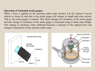 Operation of Unbonded strain gauges:
When a force is applied on the structure under study (frames P & Q), frames P moves
relative to frame Q, and due to this strain gauge will change in length and cross section.
That is, the strain gauge is strained. This strain changes the resistance of the strain gauge
and this change in resistance of the strain gauge is measured using a wheat stone bridge.
This change in resistance when calibrated becomes a measure of the applied force and
change in dimensions of the structure under study.
 