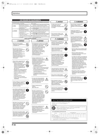 P-18
Apêndices
For China
USO SEGURO DO EQUIPAMENTO
INSTRUÇÕES PARA A PREVENÇÃO DE INCÊNDIOS, CHOQUES ELÉTRICOS OU FERIMENTOS EM PESSOAS
Sobre alertas de AVISO e CUIDADO
AVISO
CUIDADO
Sobre os símbolos
SEMPRE OBSERVE O SEGUINTE
Ele é usado para instruções com o
objetivo de alertar o usuário para o
risco de morte ou ferimento grave se
o equipamento for usado
inadequadamente.
O símbolo alerta o usuário sobre instruções ou avisos
importantes. O significado específico do símbolo é
determinado pela figura dentro do triângulo. No caso do
símbolo à direita, ele é usado para cuidados gerais, avisos
ou alertas de perigo.
O símbolo alerta o usuário sobre as coisas que nunca
devem ser feitas (proibidas). A coisa específica que não
deve ser feita é indicada pela figura dentro do círculo. No
caso do símbolo à esquerda, ele significa que o
equipamento nunca deve ser desmontado.
O símbolo alerta o usuário sobre as coisas que devem
ser feitas. A coisa específica que deve ser feita é indicada
pela figura dentro do círculo. No caso do símbolo à
esquerda, ele significa que o plugue do cabo de força tem
que ser desligado da tomada.
Ele é usado para instruções com o
objetivo de alertar o usuário para o
risco de ferimento ou dano material se
o equipamento for usado
inadequadamente.
* Dano material se refere a danos ou
efeitos adversos causados à
residência e a todos os móveis, assim
como a animais domésticos ou bichos
de estimação.
USO SEGURO DO EQUIPAMENTO
002c
• Não abra (ou faça qualquer
modificação) no equipamento ou
no adaptador CA.
..............................................................
003
• Não tente fazer reparos ou
substituir peças no equipamento
(exceto quando indicado
especificamente pelas instruções
deste manual). Procure o
revendedor, o Centro de Serviços
Técnicos da Roland ou um
distribuidor autorizado da Roland,
conforme listado na página
“Informações”.
..............................................................
004
• Jamais instale o equipamento em
qualquer um dos locais a seguir.
• Sujeitos a temperaturas
extremas (por exemplo, luz solar
direta em veículos fechados,
próximo a um aquecedor, em
cima de um equipamento que
gera calor) ou
• Molhados (por exemplo, banheiros,
lavatórios ou pisos molhados) ou
• Expostos ao vapor ou à fumaça ou
• Sujeitos à exposição ao sal ou
• Úmidos ou
• Expostos à chuva ou
• Empoeirados ou com areia ou
• Sujeitos a altos níveis de vibração e
instabilidade.
..............................................................
007
• Sempre verifique se o equipamento
está sobre superfícies planas e
estáveis. Nunca o deixeem suportes
que possam tombar ou em
superfícies inclinadas.
..............................................................
008b
• Use somente o adaptador CA (série
PSA) especificado e verifique se a
tensão da instalação corresponde à
tensão de entrada especificada no
corpo do adaptador CA. Como
outros adaptadores CA podem usar
uma polaridade diferente ou terem
sido projetados para uma tensão
diferente, o uso deles pode resultar
em danos, mau funcionamento e
choques elétricos.
..............................................................
009
• Não dobre ou torça demais o cabo
de força e não coloque objetos
pesados sobre ele. Isso pode
danificar o cabo e os componentes,
além de provocar curtos-circuitos.
Cabos danificados representam
perigo de choque e incêndio!
..............................................................
011
• Não permita que qualquer objeto
(por exemplo, materiais inflamáveis,
moedas, pinos) ou qualquer tipo de
líquido (água, refrigerantes etc.)
penetrem no equipamento.
..............................................................
010
• Este equipamento, sozinho ou com
um amplificador e fones de ouvido
ou alto-falantes, pode produzir
níveis sonoros capazes de provocar
perda permanente da audição. Não
use por períodos longos com
volume alto ou com volumes
desconfortáveis. Se você perceber
perda de audição ou um chiado no
ouvido, interrompa o uso
imediatamente e procure um
otorrinolaringologista.
..............................................................
012c
• Desligue imediatamente, tire o
adaptador CA da tomada e procure
o revendedor, o Centro de Técnico
da Roland ou um distribuidor
autorizado da Roland mais próximo,
conforme listado na página
“Informações” quando:
• O adaptador CA ou o cabo de força
estiverem danificados ou
• Houver fumaça ou odores fora do comum
• Objetos caírem ou for derramado líquido
em cima do equipamento ou
• O equipamento tiver sido exposto à
chuva (ou molhado) ou
• O equipamento não funcionar
normalmente ou funcionar de forma
diferente.
..............................................................
013
• Em casas com crianças pequenas,
um adulto deve supervisionar até
que a criança seja capaz de seguir
as principais regras para o uso
seguro do equipamento.
..............................................................
014
• Proteja o equipamento de
impactos.
(Não o deixe cair!)
..............................................................
015
• Não ligue o equipamento na
mesma tomada em que haja um
número excessivo de aparelhos.
Tenha cuidado especial ao usar
extensões – a potência total usada
por todos os aparelhos conectados
à tomada da extensão jamais deve
ultrapassar a capacidade nominal
(watts/amperes) da extensão.
Cargas excessivas podem causar o
aquecimento do isolamento do
cabo e até mesmo o seu
derretimento.
..............................................................
016
• Antes de usar o equipamento em
países estrangeiros, procure o
vendedor, o Centro de Técnico da
Roland mais próximo ou um
distribuidor autorizado da Roland,
conforme listado na página
“Informações”.
..............................................................
019
• As pilhas jamais devem ser
recarregadas, aquecidas,
desmontadas ou lançadas ao fogo
ou na água.
...............................................................
027
• Nunca exponha as pilhas a calor
excessivo como, por exemplo, luz
do sol, fogo ou outros.
...............................................................
101b
• O equipamento e o adaptador CA
devem ser colocados em um local
ou posição que não interfira na
ventilação adequada.
...............................................................
102d
• Segure sempre apenas o plugue de
saída do corpo do adaptador CA ao
colocar ou ao tirar esse
equipamento de uma tomada.
...............................................................
103b
• Em intervalos regulares, desligue o
adaptador CA e limpe-o com um
pano seco para limpar toda a poeira
e outros acúmulos dos contatos.
Além disso, desconecte o cabo de
força da tomada sempre que o
equipamento permanecer sem uso
por períodos prolongados.
Qualquer acúmulo de poeira entre
o plugue e a tomada pode resultar
em deficiência no isolamento e
causar um incêndio.
...............................................................
104
• Tente evitar que fios e cabos fiquem
enrolados. Além disso, todos os fios
e cabos devem ser colocados em
locais fora do alcance de crianças.
...............................................................
106
• Nunca suba ou coloque objetos
pesados em cima do equipamento.
...............................................................
107d
• Nunca manuseie o corpo do
adaptador CA ou seus plugues de
saída com as mãos molhadas ao
ligar e ao desligar esse
equipamento da tomada.
...............................................................
108b
• Antes de mover o equipamento,
desconecte o adaptador CA e todos
os outros fios dos dispositivos
externos.
...............................................................
109b
• Antes de limpar o equipamento,
desligue a energia e retire o
adaptador CA da tomada (página P-
2).
..............................................................
110b
• Sempre que suspeitar da
possibilidade de raio na sua área,
desconecte o adaptador CA da
tomada.
..............................................................
111: Seleção
• Se usadas inadequadamente, as
pilhas poderão vazar ou explodir,
causando danos ou ferimentos.
Para fins de segurança, leia e
observe as seguintes precauções
(página P-3).
1
• Siga cuidadosamente as
instruções de instalação das
pilhas e verifique se observou a
polaridade correta.
2
• Evite usar pilhas novas com pilhas usadas.
Além disso, evite misturar tipos de pilha
diferentes.
3
• Remova as pilhas sempre que o
equipamento permanecer sem uso por
um período prolongado.
5
• Se a pilha tiver vazado, use um pedaço de
pano macio ou uma toalha de papel para
limpar todos os resíduos do vazamento
do compartimento de pilhas. Em seguida,
coloque pilhas novas. Para evitar
inflamação da pele, verifique se o
vazamento da pilha não encostou nas
suas mãos ou na sua pele. Tenha muito
cuidado para que esse vazamento não se
aproxime dos seus olhos. Lave
imediatamente a área afetada com água
corrente, caso o vazamento tenha
entrado nos seus olhos.
6
• Nunca deixe as pilhas com objetos
metálicos como, por exemplo, canetas
esferográficas, colares, grampos de
cabelo etc.
..............................................................
112
• As pilhas usadas devem ser
descartadas em conformidade com
todas as normas de segurança de
descarte da região em que você
vive.
..............................................................
AVISO AVISO
AVISO
CUIDADO
CUIDADO
ME-70_p1.book 18 ページ ２００８年１１月５日　水曜日　午後５時４６分
 