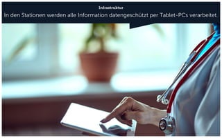 Infrastruktur
In den Stationen werden alle Information datengeschützt per Tablet-PCs verarbeitet.
 