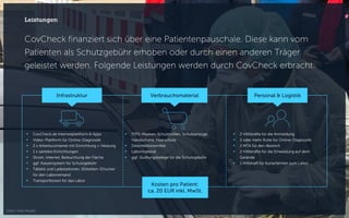 CovCheck finanziert sich über eine Patientenpauschale. Diese kann vom
Patienten als Schutzgebühr erhoben oder durch einen anderen Träger
geleistet werden. Folgende Leistungen werden durch CovCheck erbracht:
Leistungen
 CovCheck.de Internetplattform & Apps
 Video-Plattform für Online-Diagnostik
 2 x Arbeitscontainer mit Einrichtung + Heizung
 1 x sanitäre Einrichtungen
 Strom, Internet, Beleuchtung der Fläche
 ggf. Kassensystem für Schutzgebühr
 Tablets und Ladestationen, (Etiketten-)Drucker
für den Laborversand
 Transportboxen für das Labor
 FFP2-Masken, Schutzbrillen, Schutzanzüge,
Handschuhe, Haarschutz
 Desinfektionsmittel
 Labormaterial
 ggf. Quittungsbelege für die Schutzgebühr
 2 Hilfskräfte für die Anmeldung
 2 oder mehr Ärzte für Online-Diagnostik
 2 MTA für den Abstrich
 2 Hilfskräfte für die Einweisung auf dem
Gelände
 1 Hilfskraft für Kurierfahrten zum Labor
Infrastruktur Verbrauchsmaterial Personal & Logistik
Kosten pro Patient:
ca. 20 EUR inkl. MwSt.
Foto: Ines Rudel
 