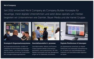 Seit 2012 entwickelt Me & Company als Company Builder Konzepte für
neuartige, meist digitale Unternehmen und setzt diese operativ um. Hierbei
begleiten wir Unternehmen wie Daimler, Bauer Media und die Haniel Gruppe.
Me & Company
Als Organisationsentwickler schaffen wir
Leitplanken für die Entstehung selbstorga-
nisierter Teams – von Vision und Strategie
über strukturierte Formen der Zusammenar-
beit und agile Aufbauorganisationen.
Strategie & Organisationssysteme
Geschäftsmodelle, Abläufe und Prozesse:
Unsere Experten denken Unternehmen
ganzheitlich und kundenzentriert. Mit Hilfe
digitaler Instrumente und Lean Management
sorgen wir für Effektivität und Effizienz.
Geschäftsmodelle & -prozesse
Als Digitalexperten entwickeln wir digitale
Plattformen und individuelle Softwarelösung-
en, mit denen sich Geschäftsabläufe auto-
matisieren und Geschäftsmodelle digitalisie-
ren lassen.
Digitale Plattformen & Lösungen
 