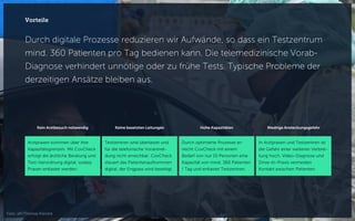Durch digitale Prozesse reduzieren wir Aufwände, so dass ein Testzentrum
mind. 360 Patienten pro Tag bedienen kann. Die telemedizinische Vorab-
Diagnose verhindert unnötige oder zu frühe Tests. Typische Probleme der
derzeitigen Ansätze bleiben aus.
Vorteile
Arztpraxen kommen über ihre
Kapazitätsgrenzen. Mit CovCheck
erfolgt die ärztliche Beratung und
Test-Verordnung digital, sodass
Praxen entlastet werden.
Testzentren sind überlastet und
für die telefonische Voranmel-
dung nicht erreichbar. CovCheck
steuert das Patientenaufkommen
digital, der Engpass wird beseitigt.
Durch optimierte Prozesse er-
reicht CovCheck mit einem
Bedarf von nur 10 Personen eine
Kapazität von mind. 360 Patienten
/ Tag und entlastet Testzentren.
Kein Arztbesuch notwendig Keine besetzten Leitungen Hohe Kapazitäten
In Arztpraxen und Testzentren ist
die Gefahr einer weiteren Verbrei-
tung hoch. Video-Diagnose und
Drive-In-Praxis vermeiden
Kontakt zwischen Patienten.
Niedrige Ansteckungsgefahr
Foto: aft/Thomas Kienzle
 