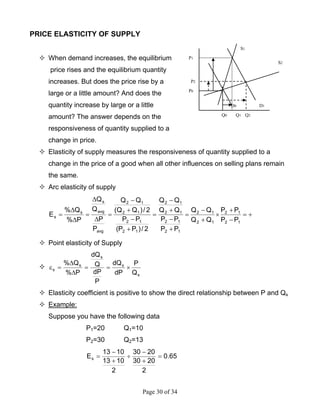 Page 30 of 34
PRICE ELASTICITY OF SUPPLY
When demand increases, the equilibrium
price rises and the equilibrium quantity
increases. But does the price rise by a
large or a little amount? And does the
quantity increase by large or a little
amount? The answer depends on the
responsiveness of quantity supplied to a
change in price.
Elasticity of supply measures the responsiveness of quantity supplied to a
change in the price of a good when all other influences on selling plans remain
the same.
Arc elasticity of supply
+=
−
+
×
+
−
=
+
−
+
−
=
+
−
+
−
=
∆
∆
=
∆
∆
=
12
12
12
12
12
12
12
12
12
12
12
12
avg
avg
s
s
s
PP
PP
QQ
QQ
PP
PP
QQ
QQ
2/)PP(
PP
2/)QQ(
QQ
P
P
Q
Q
P%
Q%
E
Point elasticity of Supply
s
s
s
s
s
Q
P
dP
dQ
P
dP
Q
dQ
P%
Q%
×==
∆
∆
=ε
Elasticity coefficient is positive to show the direct relationship between P and Qs
Example:
Suppose you have the following data
P1=20 Q1=10
P2=30 Q2=13
65.0
2
2030
2030
2
1013
1013
Es =
+
−
÷
+
−
=
D0 D1
S1
S2
P0
Q0 Q1
P1
P2
Q2
 