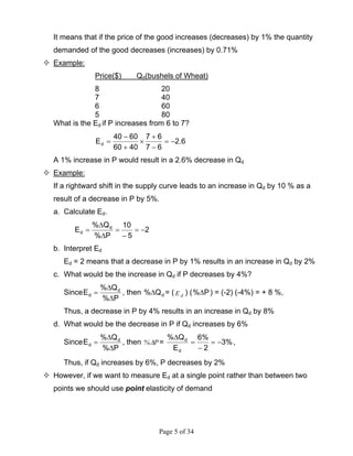 Page 5 of 34
It means that if the price of the good increases (decreases) by 1% the quantity
demanded of the good decreases (increases) by 0.71%
Example:
Price($) Qd(bushels of Wheat)
8 20
7 40
6 60
5 80
What is the Ed if P increases from 6 to 7?
6.2
67
67
4060
6040
Ed −=
−
+
×
+
−
=
A 1% increase in P would result in a 2.6% decrease in Qd
Example:
If a rightward shift in the supply curve leads to an increase in Qd by 10 % as a
result of a decrease in P by 5%.
a. Calculate Ed.
2
5
10
P%
Q%
E d
d −=
−
=
∆
∆
=
b. Interpret Ed
Ed = 2 means that a decrease in P by 1% results in an increase in Qd by 2%
c. What would be the increase in Qd if P decreases by 4%?
Since
P%
Q%
E d
d
∆
∆
= , then dQ%∆ = ( dE ) ( P%∆ ) = (-2) (-4%) = + 8 %,
Thus, a decrease in P by 4% results in an increase in Qd by 8%
d. What would be the decrease in P if Qd increases by 6%
Since
P%
Q%
E d
d
∆
∆
= , then P%∆ = %3
2
%6
E
Q%
d
d
−=
−
=
∆
,
Thus, if Qd increases by 6%, P decreases by 2%
However, if we want to measure Ed at a single point rather than between two
points we should use point elasticity of demand
 