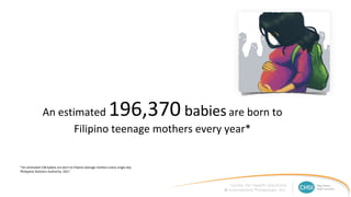 An estimated 196,370 babies are born to
Filipino teenage mothers every year*
*An estimated 538 babies are born to Filipino teenage mothers every single day
Philippine Statistics Authority, 2017
 