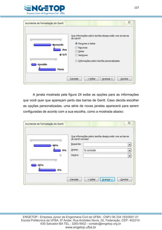 127
A janela mostrada pela figura 24 exibe as opções para as informações
que você quer que apareçam perto das barras de Gantt. Caso decida escolher
as opções personalizadas, uma série de novas janelas aparecerá para serem
configuradas de acordo com a sua escolha, como a mostrada abaixo:
 