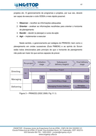 47
projetos etc. O gerenciamento de programas e projetos, por sua vez, deverá
ser capaz de executar o ciclo OODA o mais rápido possível:
1. Observar – recolher as informações adequadas
2. Orientar – analisar as informações recolhidas para orientar o horizonte
de planejamento
3. Decidir – decidir (e planejar) o curso da ação
4. Agir – implementar e executar
Neste sentido, o gerenciamento por estágios do PRINCE2, bem como o
planejamento em ondas sucessivas (Guia PMBOK) e as sprints do Scrum
estão todos direcionados pelo princípio de que o horizonte de planejamento
não pode ser maior do que somos capazes de prever.
Figura 3 – PRINCE2 (OGC 2009, Fig 11.1)
 