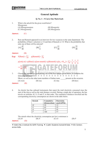 ME-GATE-2015 PAPER-01| www.gateforum.com
 India’s No.1 institute for GATE Training  1 Lakh+ Students trained till date  65+ Centers
across India
1
General Aptitude
Q. No. 1 – 5 Carry One Mark Each
1. What is the adverb for the given word below?
Misogynous
(A) Misogynousness (B) Misogynity
(C) Misogynously (D) Misogynous
Answer: (C)
2. Ram and Ramesh appeared in an interview for two vacancies in the same department. The
probability of Ram‟s selection is 1/6 and that of Ramesh is 1/8. What is the probability that
only one of them will be selected?
 
47
A
48
 
1
B
4
 
13
C
48
 
35
D
48
Answer: (B)
Exp:    1 1P Ram ; p Ramesh
6 8
 
         0 am
7 1 51p only at p Ram p not ramesh p Ramesh p n R
6 8 8 6
        
12 1
440
 
3. Choose the appropriate word/phrase, out of the four options given below, to complete the
following sentence:
Dhoni, as well as the other team members of Indian team, _____ present on the occasion.
(A) were (B) was (C) has (D) have
Answer: (B)
4. An electric bus has onboard instruments that report the total electricity consumed since the
start of the trip as well as the total distance covered. During a single day of operation, the bus
travels on stretches M, N, O and P, in that order. The cumulative distances travelled and the
corresponding electricity consumption are shown in the table below.
Stretch Comulative
distance(km)
Electricity
used (kWh)
M 20 12
N 45 25
O 75 45
P 100 57
The stretch where the electricity consumption per km is minimum is
(A) M (B) N (C) O (D) P
Answer: (D)
 