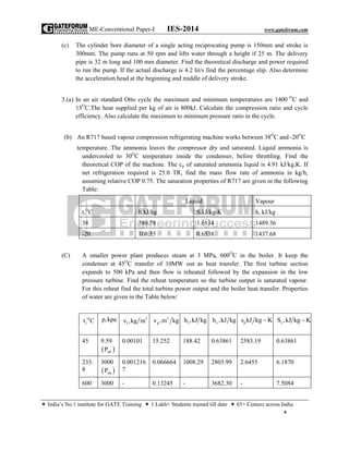 ME-Conventional Paper-I IES-2014 www.gateforum.com
 India’s No.1 institute for GATE Training  1 Lakh+ Students trained till date  65+ Centers across India
4
(c) The cylinder bore diameter of a single acting reciprocating pump is 150mm and stroke is
300mm. The pump runs at 50 rpm and lifts water through a height if 25 m. The delivery
pipe is 32 m long and 100 mm diameter. Find the theoretical discharge and power required
to run the pump. If the actual discharge is 4.2 lit/s find the percentage slip. Also determine
the acceleration head at the beginning and middle of delivery stroke.
3.(a) In an air standard Otto cycle the maximum and minimum temperatures are 1400 O
C and
15O
C.The heat supplied per kg of air is 800kJ. Calculate the compression ratio and cycle
efficiency. Also calculate the maximum to minimum pressure ratio in the cycle.
(b) An R717 based vapour compression refrigerating machine works between 38O
C and -20O
C
temperature. The ammonia leaves the compressor dry and saturated. Liquid ammonia is
undercooled to 30O
C temperature inside the condenser, before throttling. Find the
theoretical COP of the machine. The cp of saturated ammonia liquid is 4.91 kJ/kg.K. If
net refrigeration required is 25.0 TR, find the mass flow rate of ammonia in kg/h,
assuming relative COP 0.75. The saturation properties of R717 are given in the following
Table:
Liquid Vapour
t,O
C h,kJ/kg S,kJ/kg-K h, kJ/kg
38 380.78 1.6134 1489.36
-20 108.55 0.6538 1437.68
(C) A smaller power plant produces steam at 3 MPa, 600O
C in the boiler. It keep the
condenser at 45O
C transfer of 10MW out as heat transfer. The first turbine section
expands to 500 kPa and then flow is reheated followed by the expansion in the low
pressure turbine. Find the reheat temperature so the turbine output is saturated vapour.
For this reheat find the total turbine power output and the boiler heat transfer. Properties
of water are given in the Table below:
O
1t C p,kpa 3
lv ,kg m 3
gv ,m kg 1h ,kJ kg vh ,kJ kg ps kJ kg K vS ,kJ kg K
45 9.59
 satP
0.00101 15.252 188.42 0.63861 2583.19 0.63861
233.
8
3000
 satP
0.001216
7
0.066664 1008.29 2803.99 2.6455 6.1870
600 3000 - 0.13245 - 3682.30 - 7.5084
 