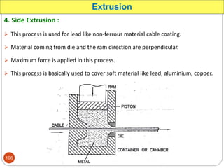 4. Side Extrusion :
 This process is used for lead like non-ferrous material cable coating.
 Material coming from die and the ram direction are perpendicular.
 Maximum force is applied in this process.
 This process is basically used to cover soft material like lead, aluminium, copper.
Extrusion
106
 
