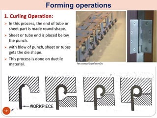 Forming operations
1. Curling Operation:
 In this process, the end of tube or
sheet part is made round shape.
 Sheet or tube end is placed below
the punch.
 with blow of punch, sheet or tubes
gets the die shape.
 This process is done on ductile
material.
111
 