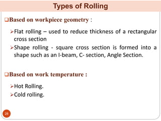 Types of Rolling
Based on workpiece geometry :
Flat rolling – used to reduce thickness of a rectangular
cross section
Shape rolling - square cross section is formed into a
shape such as an I-beam, C- section, Angle Section.
Based on work temperature :
Hot Rolling.
Cold rolling.
28
 